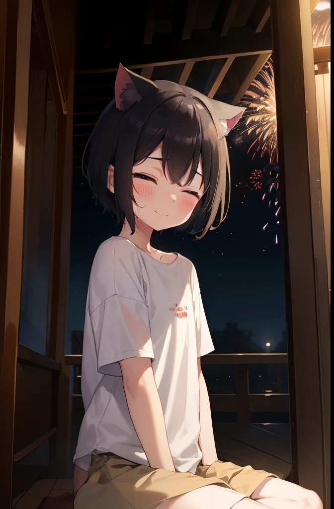 Wooden corridor of the temple,dark,smile,Sit and watch the fireworks,Place your hands behind your back,close your eyes,1. small ,short hair,Black Hair,blush,White T-shirt,Olive green shorts,White skin,From below,Sweat,night中,night,Cat ear