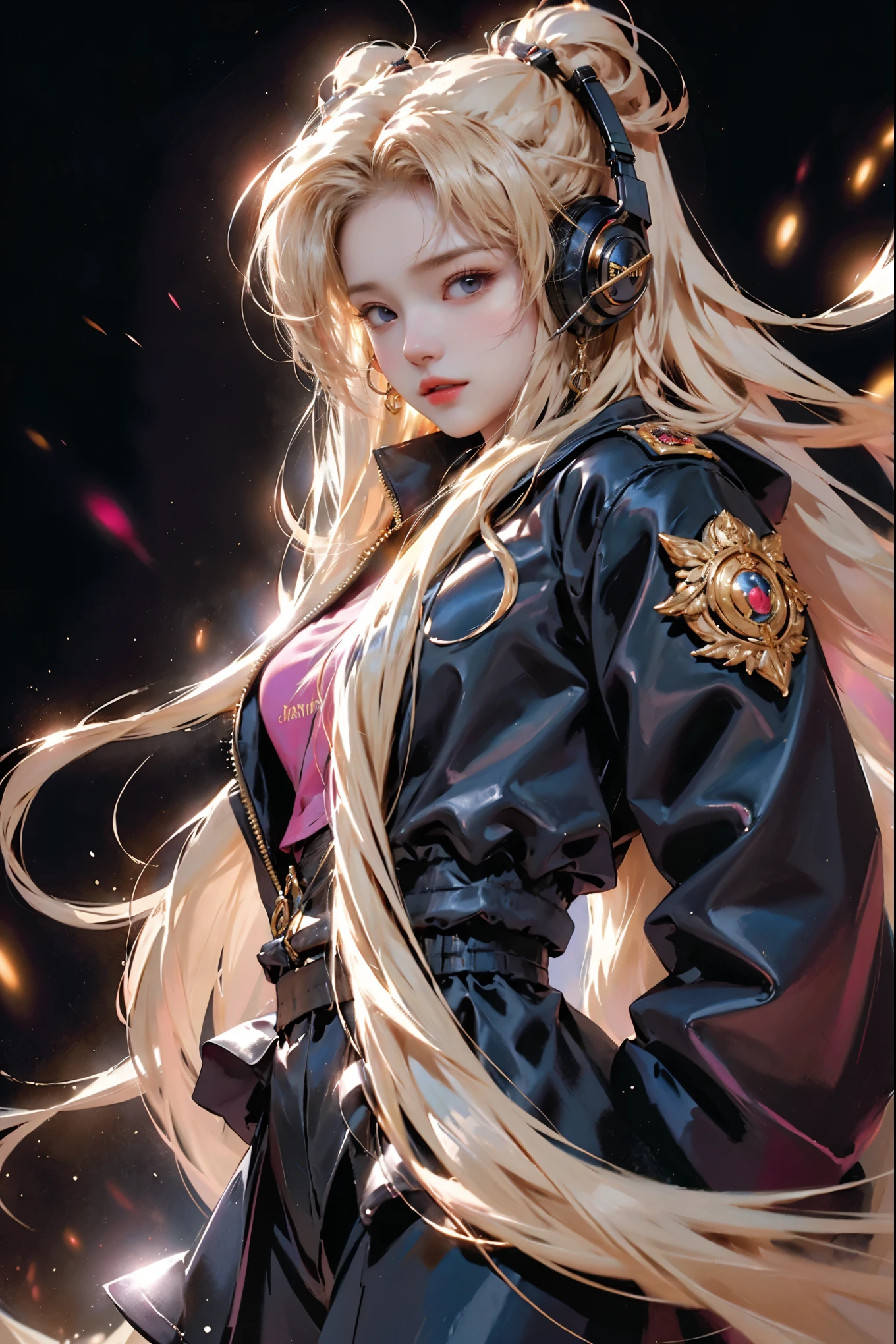 A highly detailed, visually striking digital illustration of a young female character with long, flowing golden hair wearing headphones. She has an intense, focused expression as she listens to music, dressed in a black jacket against a vibrant, abstract background. The background features a dynamic mix of colorful splashes and designs, creating a lively, energetic atmosphere around the character. (female_character:1.3, long_golden_hair:1.2, headphones:1.1, intense_expression:1.2, black_jacket:1.1, vibrant_abstract_background:1.3, dynamic_colorful_designs:1.2, lively_energetic_atmosphere:1.2) Break, The illustration showcases exceptional detail and realism, with intricate textures, lighting, and composition that captivate the viewer. The character's presence is both intense and captivating. The overall aesthetic is one of energy, creativity, and artistic flair. (exceptional_detail_and_realism:1.3, intricate_textures_and_lighting:1.2, balanced_composition:1.2, captivating_presence:1.2, creative_aesthetic:1.2)