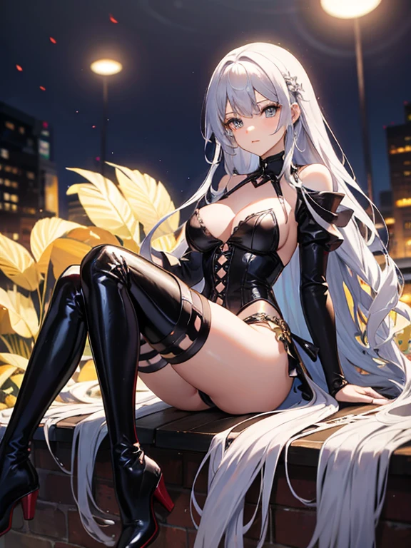 One Woman, beautiful wheat-colored skin, Beautiful long silver hair, Tight French Maid, Knee-high boots, Red Sunglasses, Beautiful Face, Dark atmosphere, Provocative look,