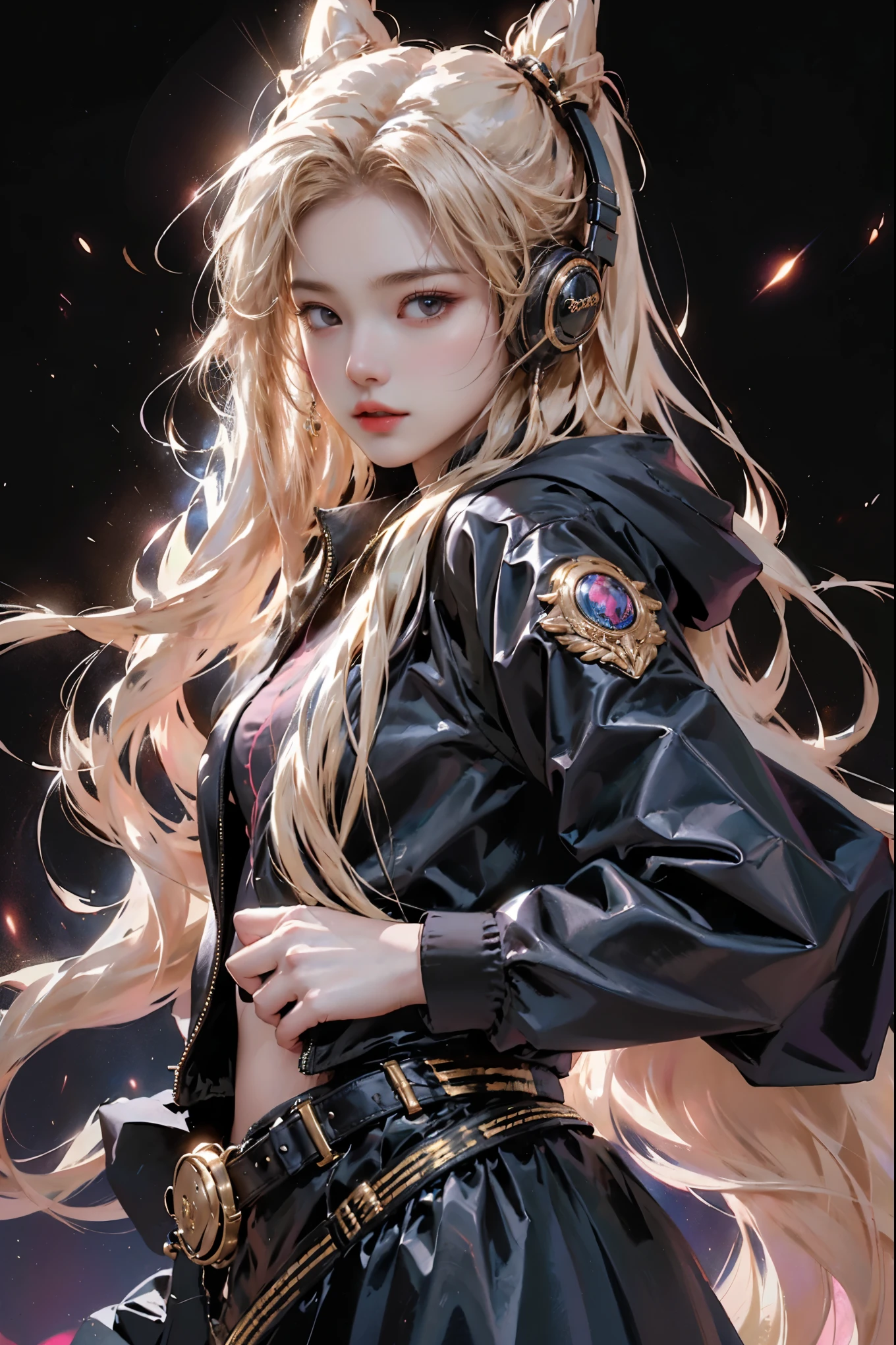 A highly detailed, visually striking digital illustration of a young female character with long, flowing golden hair wearing headphones. She has an intense, focused expression as she listens to music, dressed in a black jacket against a vibrant, abstract background. The background features a dynamic mix of colorful splashes and designs, creating a lively, energetic atmosphere around the character. (female_character:1.3, long_golden_hair:1.2, headphones:1.1, intense_expression:1.2, black_jacket:1.1, vibrant_abstract_background:1.3, dynamic_colorful_designs:1.2, lively_energetic_atmosphere:1.2) Break, The illustration showcases exceptional detail and realism, with intricate textures, lighting, and composition that captivate the viewer. The character's presence is both intense and captivating. The overall aesthetic is one of energy, creativity, and artistic flair. (exceptional_detail_and_realism:1.3, intricate_textures_and_lighting:1.2, balanced_composition:1.2, captivating_presence:1.2, creative_aesthetic:1.2)