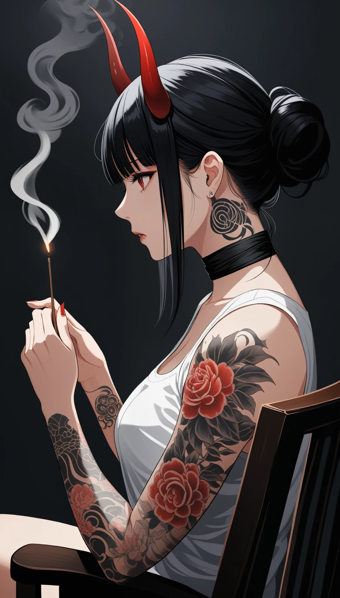 1girl, alone, profile, pensive look, simple background, dark room, sitting on a chair, snake eyes, upper body, tied hair, black hair, simple clothes, horns, white shirt, holding incense, tattoos, incense releasing smoke, black choker, background of a room, red oni horns, blunt bangs, dark aura, tattoos all over body, side view, cute hands, detailed hands,