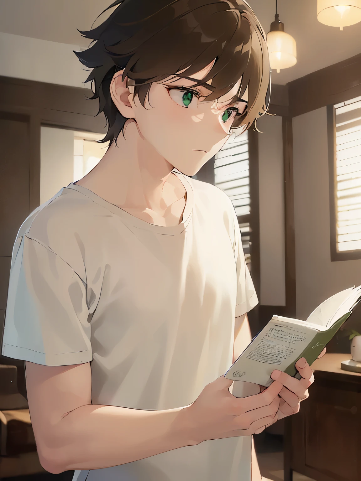 (night:1.5), holding a book, side angle, (looking away:1.5), masterpiece、Highest quality、(25-year-old male:1.5) and (Brown short hair) and (Green Eyes), BREAK (White T-shirt) BREAK、Are standing、Serious expression、The background is the living room at night、(Alone:1.5)、Upper body is shown、