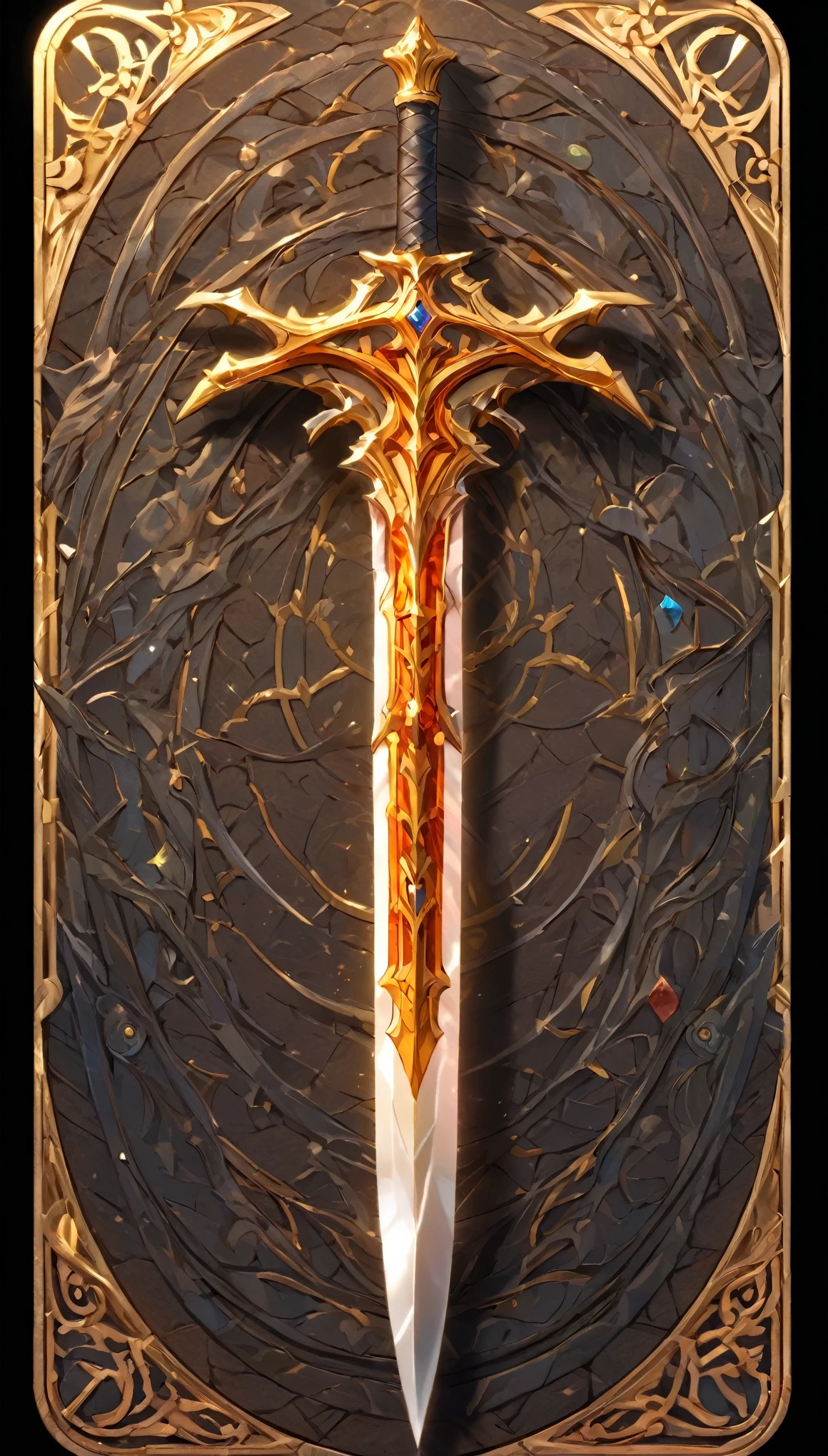 masterpiece, best quality, epic fantasy art style, simple iron sword for card game, full art, full sword art, intricate details, ultra high resolution, sharp focus, HD, 8k, clear details, zoom out to get the full sword in the image, simple background, show full sword, sword centered on image to allow ample background to show