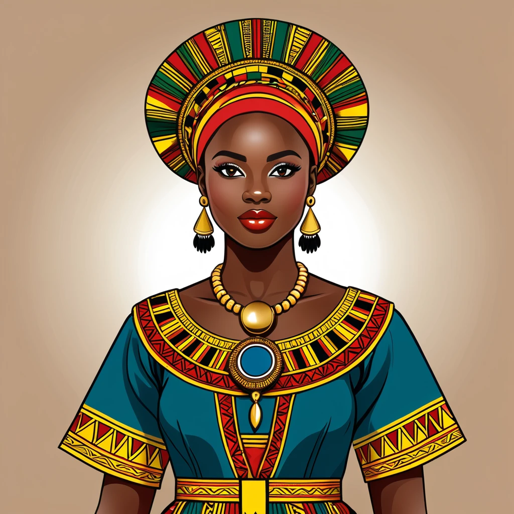 woman in ghana folk outfit, vector graphics, strong contours, logo design
