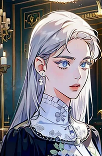 (table top, digital art, digital illustration, 4K, 8K, super detailed, beautiful images, clear image, realistic, RAW photo, perfect face, perfect lines, perfect eyes, soft lighting) 1 female, different hair color, (medium white hair,straight hair,, Bullish gaze,beautiful woman,Solid makeup,28 year old female,small breasts:1.3),suit, Two handsome men in suits, (human,Men in suits,muscular,Firm shoulder width,adult male,boyish hairstyle,british gentleman&#39;s style,A man in his 30s with a cool expression, long black hair, 28-year-old man with bright smile:1.2),Bright Victorian era room、white wall、couple dancing、light
