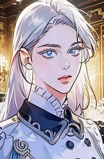 (table top, digital art, digital illustration, 4K, 8K, super detailed, beautiful images, clear image, realistic, RAW photo, perfect face, perfect lines, perfect eyes, soft lighting) 1 female, different hair color, (medium white hair,straight hair,, Bullish gaze,beautiful woman,Solid makeup,28 year old female,small breasts:1.3),suit, Two handsome men in suits, (human,Men in suits,muscular,Firm shoulder width, male,boyish hairstyle,british gentleman&#39;s style,A man in his 30s with a cool expression, long black hair, 28-year-old man with bright smile:1.2),Bright Victorian era room、white wall、couple dancing、light
