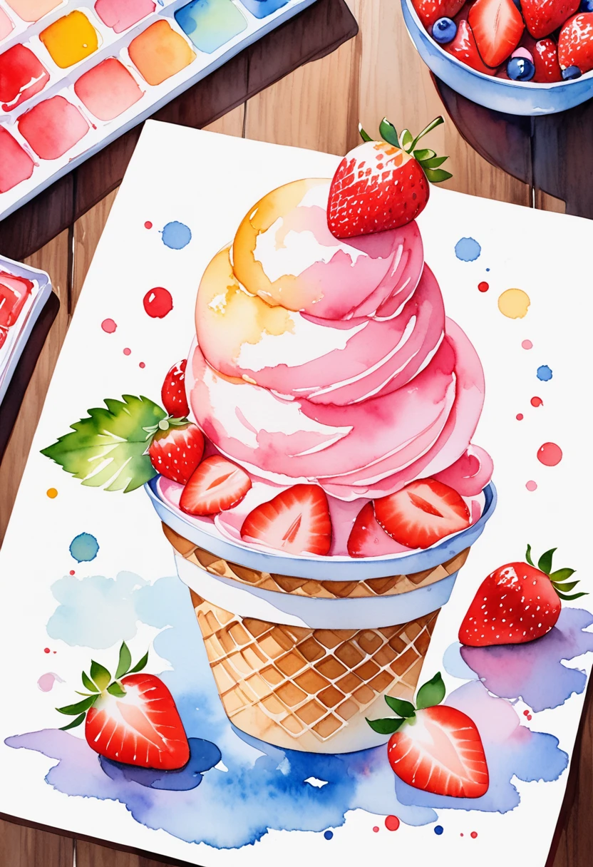 (best quality, high resolution, Watercolor 1 strawberry ice cream