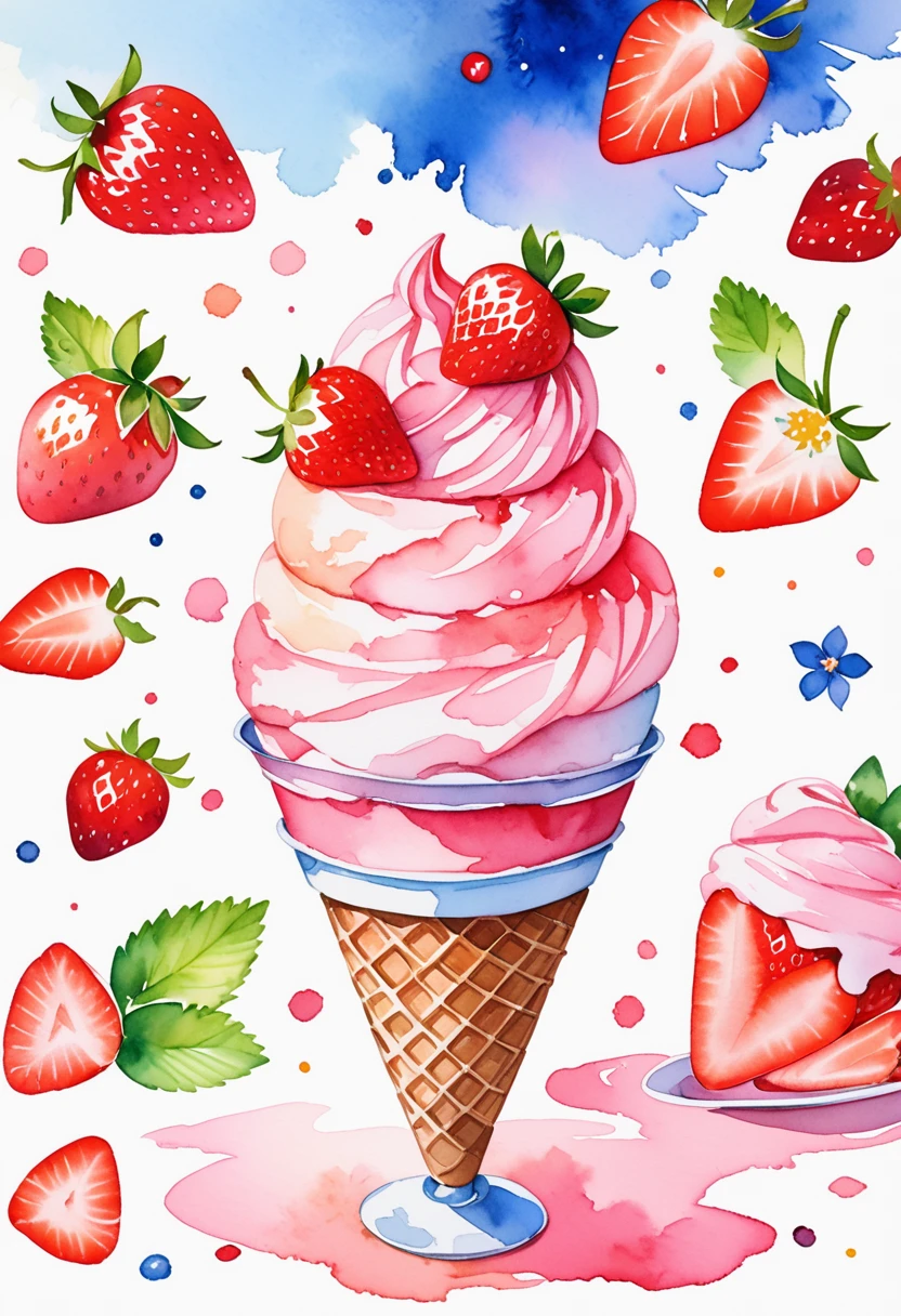 (best quality, high resolution, Watercolor 1 strawberry ice cream