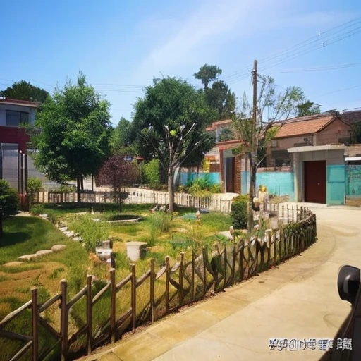 There is a small garden，There is a fence and a building, jinyiwei, sunny environment, patio, qiangshu, Chiba Yudai, ruanjia, nanquan, (Fisheye), school courtpatio, li zixin, village, Sunny hours, zmenzheng, Photo taken on 2 0 2 0