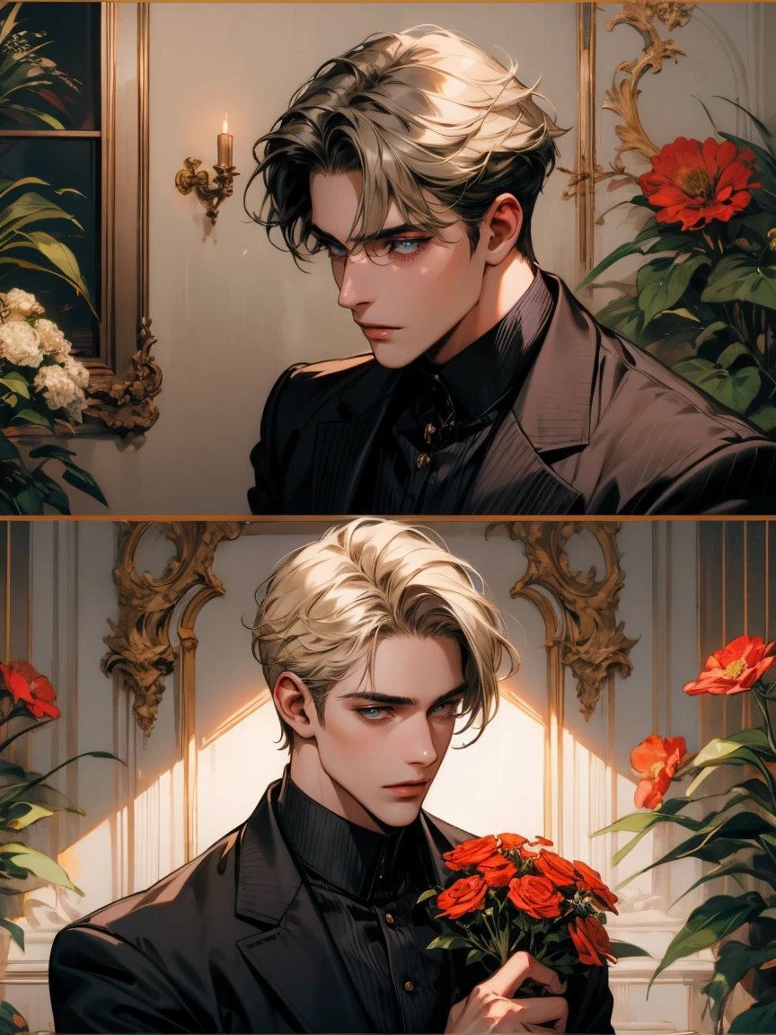 masterpiece, Collage of a man holding flowers, Blonde, Black Hair, Gray Hair