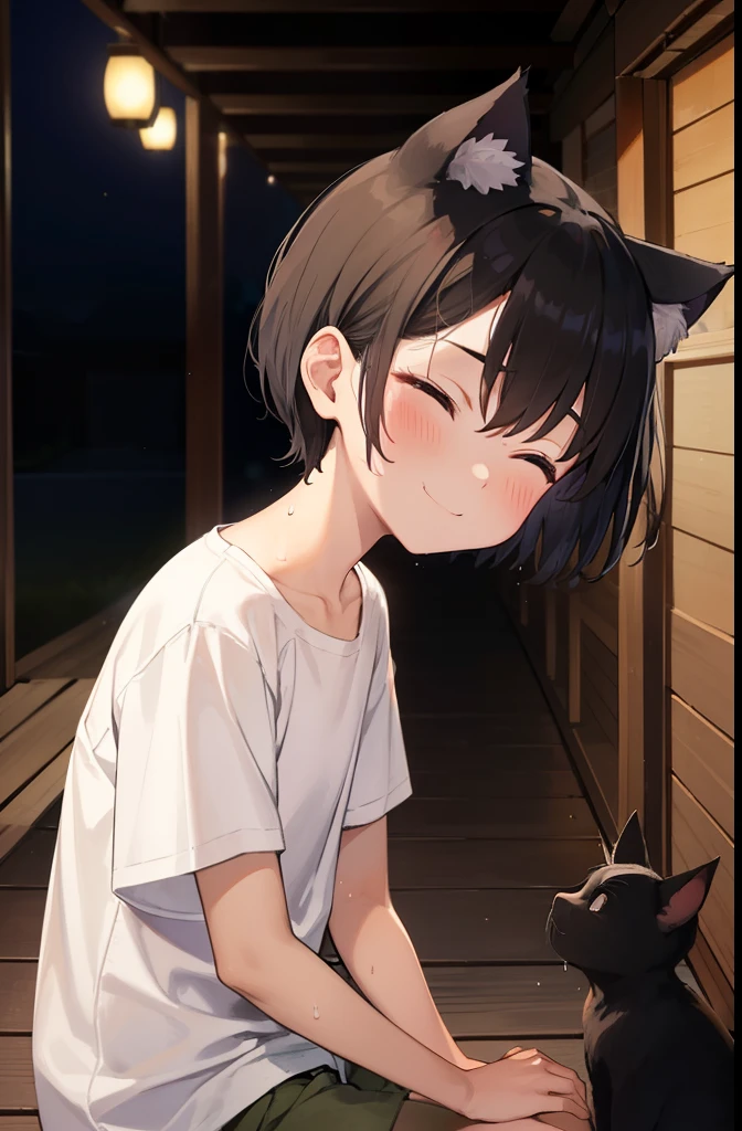 Wooden corridor of the temple,dark,smile,Sit and watch the fireworks,Place your hands behind your back,close your eyes,1. small  ,short hair,Black Hair,blush,White T-shirt,Olive green shorts,White skin,From below,Sweat,night中,night,Cat ear