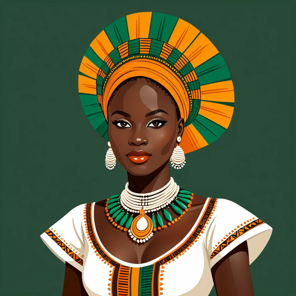 woman in ivory coast folk outfit, vector graphics, strong contours, logo design