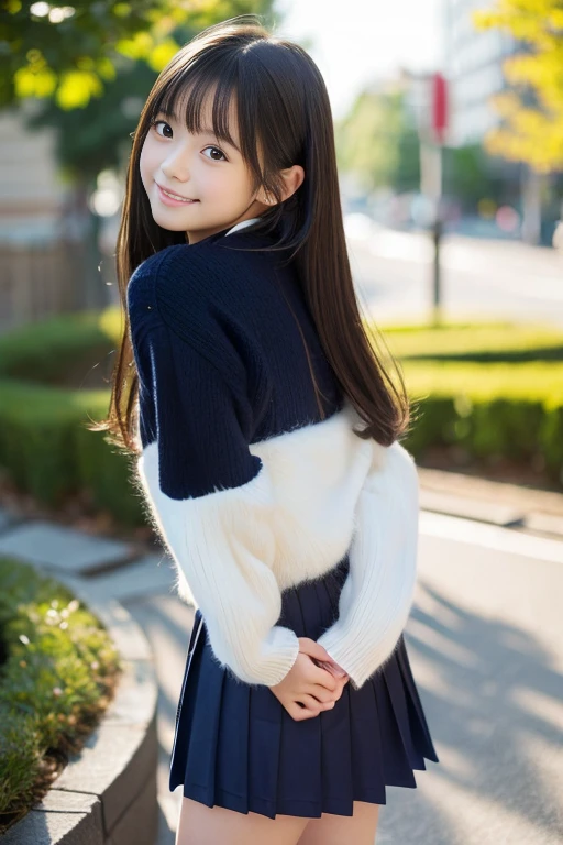 (((masterpiece))), (((Full body photo)))， (Beautiful Japanese Girl, Innocence，cute) ，Ultra-high resolution, Realistic, Ultra-detailed, 8k,Highest quality, Very detailed, Detailed Background,Slender,とてもBeautiful Japanese Girl, Detailed face:1.3), (Fluffy long hair,Black-haired :1.4), (Baby Face，cute系,Adorable 12 year old girl), (Perfect body:1.1),，Cute Smile:、show me your beautiful teeth、非常にDetailed face、Detailed lips、Detailed eyes、 gravure idol，Clear Skin、Realistic:1.37，No makeup，Neutral lighting,(Highest quality, masterpiece), (One girl, alone, school uniform,Navy blue jumper skirt,,Are standing , View your viewers, Beautiful clavicle、have a paperback book、Mouth closed, Upper Body),(at the library)