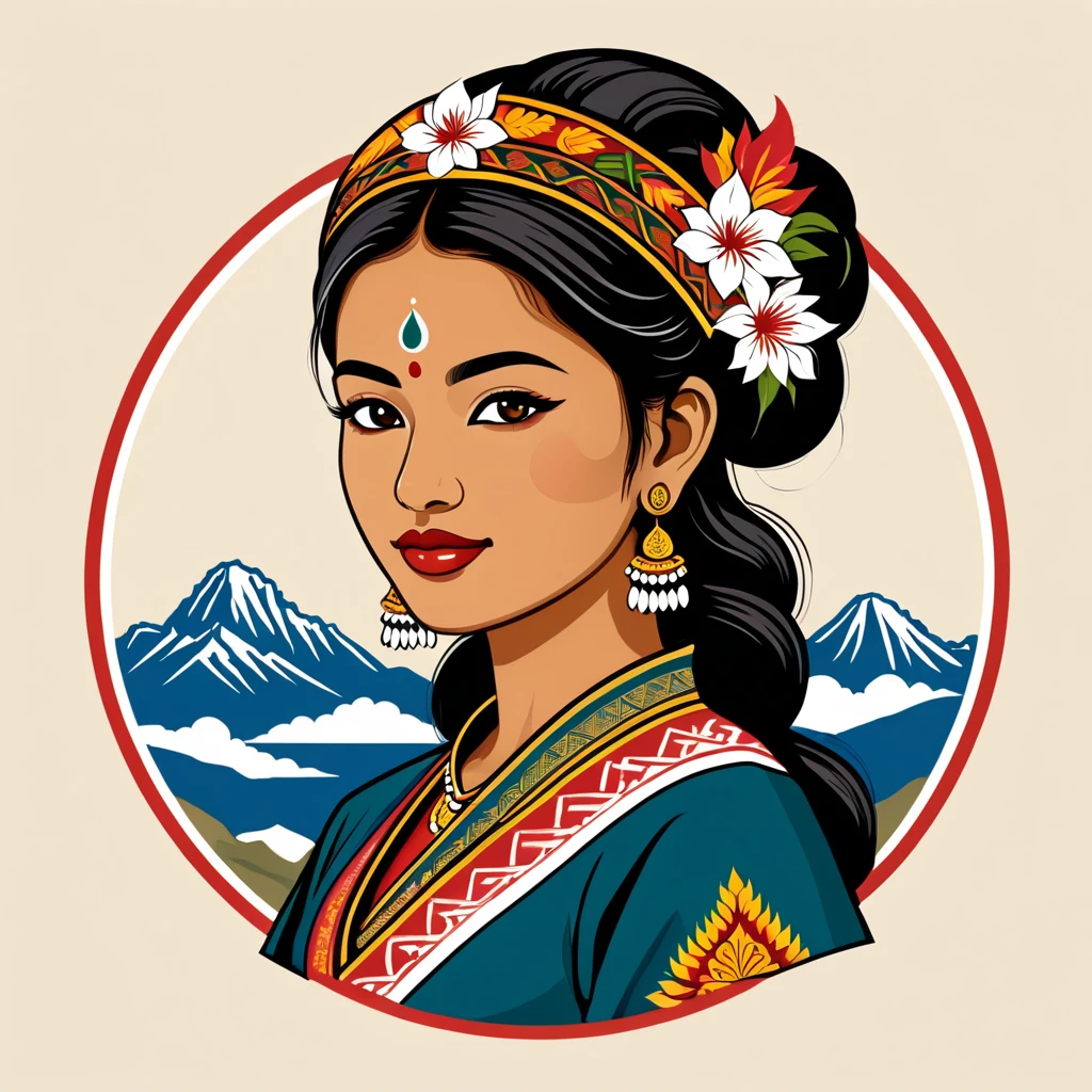woman in nepal folk outfit, vector graphics, strong contours, logo design