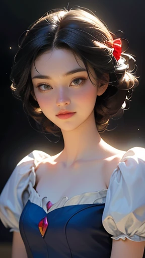 (High resolution,masterpiece:1.2),(Realistic:1.37)"(Highest quality, High resolution, Very detailed, Realistic), ((Disney's Snow White:1.3)), (Old-fashioned smile:1.1), Detailed facial features, Long and graceful neck, Brunette, Red ribbon, (Disney's Snow Whiteの衣装:1.3),  Calm and graceful posture, Soft and delicate lighting, Classical Oil Painting Medium, Vibrant colors, Delicate background with floral motifs", Dreamy atmosphere, Surrealism,Mysterious Aura