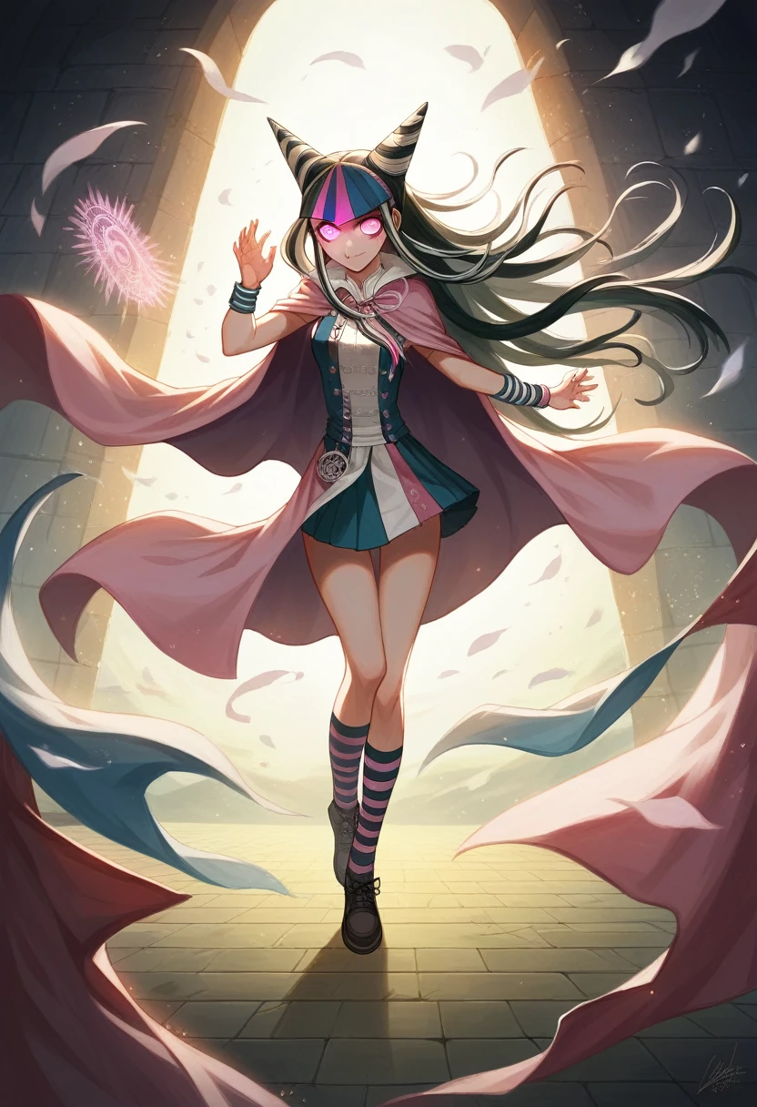 Mioda Ibuki /(Danganronpa/), bank ultra-detailed, masterpiece, illustration, 8k, masterpiece, realistic shadows, wind, gradient, volumetric lighting, cute, ambient lighting, colorful, glowing particles, beautiful detailed eyes 1girl, solo, (original outfit), dungeon background, blue and pink mage outfit, cloak, magic, fantasy