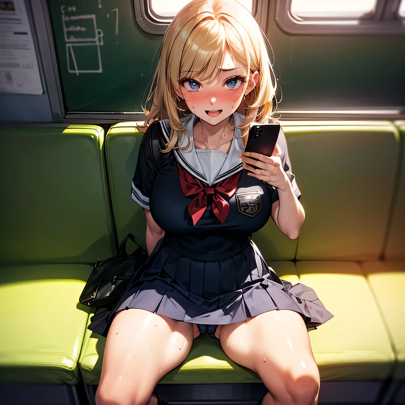 best quality,ultra-detailed,high resolution,extremely detailed CG,perfect anatomy,detailed,cinematic lighting,beautiful detailed eyes,ultra high res,(One woman:1.5),(18 years old:1.4),(milf:1.6),milf,gleaming skin,oil skin,large breasts,skindantation,sweat,humid,clothed,curvy,(sweat:1.2),nsfw,nose blush,cowboy shot,Glowing Skin,Beautiful Hair,(school uniform:1.5),looking at viewer,(staring at smartphone:1.7),on the train, train interior, (sitting:1.3),(skirt:1.3), show off panties,random panties, (cameltoe:1.3), front view of front seat,(platina blond hair:1.4),Smile,little open mouth