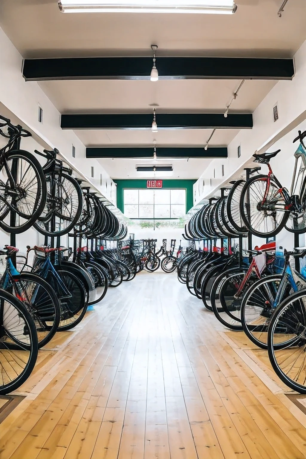 A photography of the inside of a bicycle store, without humans, we can see 4 or 5 bicycles