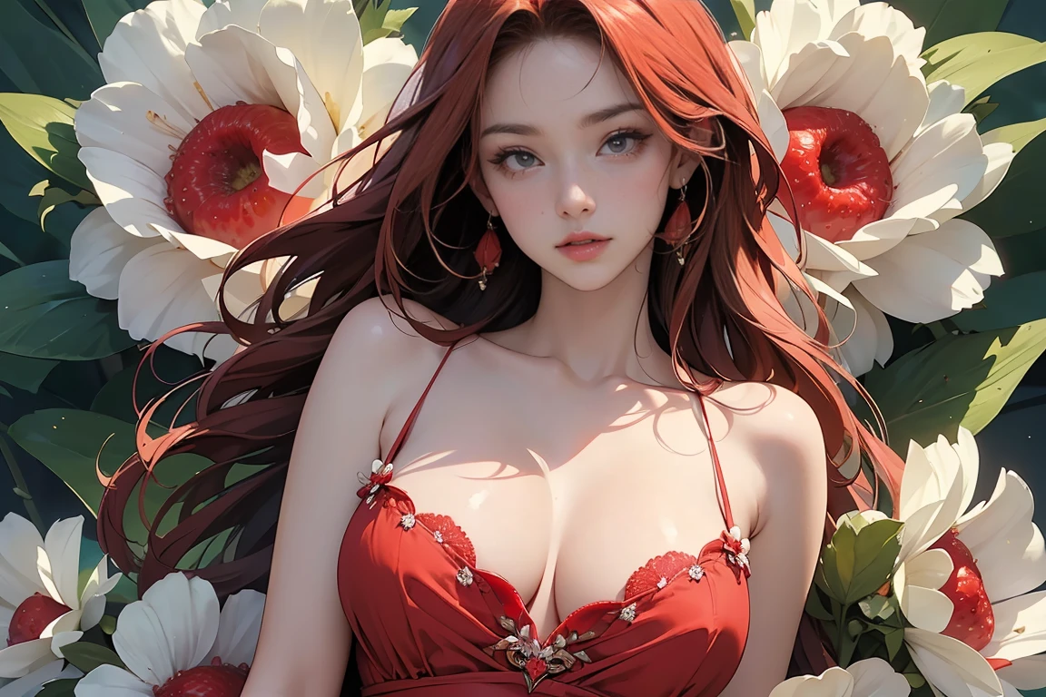 A Strawberry, ((Masterpiece, top quality, high resolution, highly detailed CG unified 8K wallpaper)), (huge stunning goddess shot, very hot and sexy, jaw-dropping beauty, perfect proportions, beautiful body, slim body beauty:1.3), (dynamic pose, dynamic composition), young woman in strawberry motif dress, long red hair, beautiful face, looking at you with moist eyes, strawberry earrings, red strawberry dress, (strawberry pinched in one hand on face, strawberry white flowers in background),