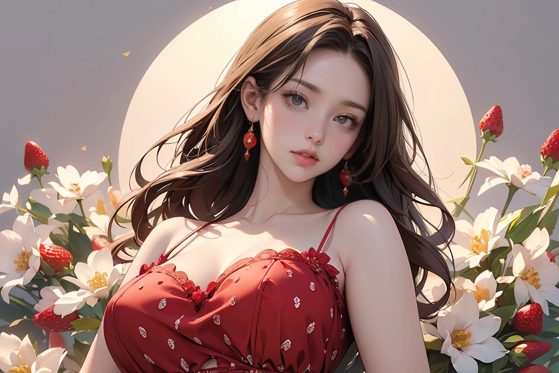 A Strawberry, ((Masterpiece, top quality, high resolution, highly detailed CG unified 8K wallpaper)), (huge stunning goddess shot, very hot and sexy, jaw-dropping beauty, perfect proportions, beautiful body, slim body beauty:1.3), (dynamic pose, dynamic composition), young woman in strawberry motif dress, long red hair, beautiful face, looking at you with moist eyes, strawberry earrings, red strawberry dress, (strawberry pinched in one hand on face, strawberry white flowers in background),