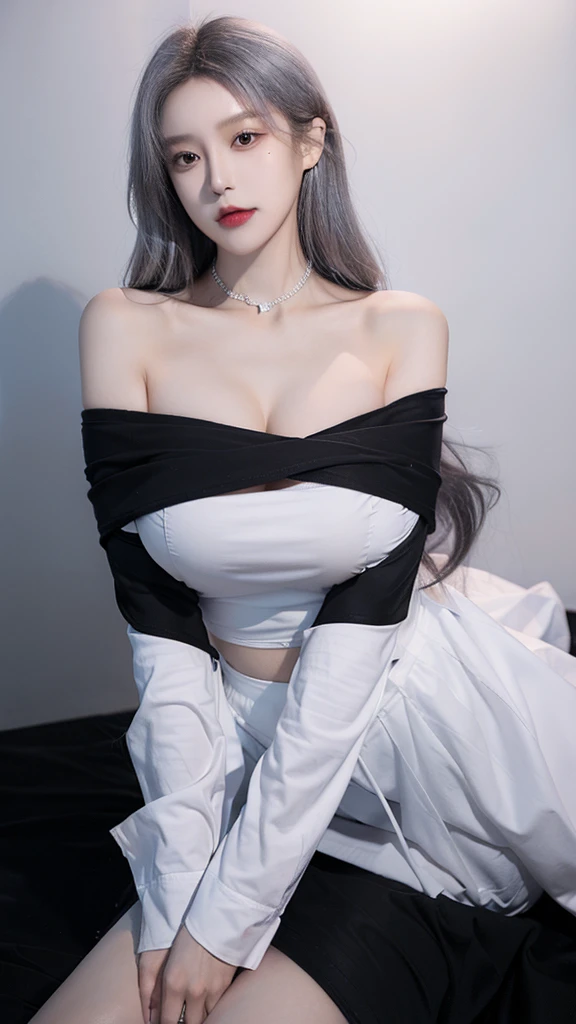 best quality, Ultra-high resolution, (Reality:1.4), 1 girl, Off-shoulder white shirt, Black tight skirt, Black necklace, (Faded gray hair:1), (Huge breasts:1.2), Looking at the audience, close up ,