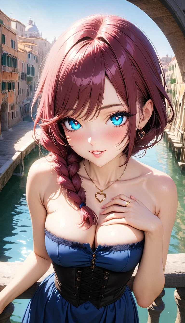 (masterpiece, very aesthetic:1.4), best quality, incredibly absurdres, Accurate, 8K,
cowboy shot,
BREAK
a cute girl, solo, college age, (small face), beautiful detailed face,
charming girl, bewitching girl, A symbol of miraculous beauty, Graceful posture,
medium breasts, curvy, perfect hands, five fingers,
BREAK
(burgundy red hair), (a long single braid hair:1.4), smooth hair, asymmetrical bangs,
BREAK
(aqua blue eyes), (beautiful detailed eyes:1.3), (black oblong Pupils, slant eyes, glowing eyes, finely detailed irises, long delicate eyelashes:1.2),
BREAK
(navy blue dress), (off shoulder, Strapless dress, Sleeveless:1.3), (black corset), (a tiny heart-shaped golden ring pendant:1.4),
BREAK
fantasy world cityscape, (A city resembling Venice with canals, Leaning against the railing of a bridge over a large river:1.2), (soft lighting:1.2), Beautiful world, sunny afternoon, Blown by the gentle wind, Soft sunlight that induces afternoon drowsiness,
BREAK
gorgeous lips, natural pink lips, heart-shaped lips, beautiful detailed lips, Glossy,
(seductive smile:1.3), (looking side glance), (left hand on own chest:1.2), perfect eyes,
