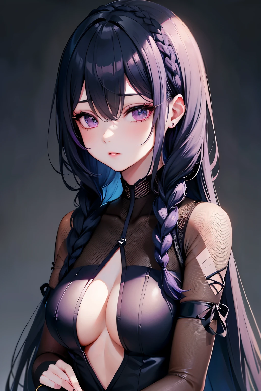Ichinose Uruha,Private Server,Towards pov, Long Black Hair, Hairstyle(Braiding), Hairstyle(((black navy blue, Dark navy blue mesh))), pupil(Purple),(Upper body close-up),