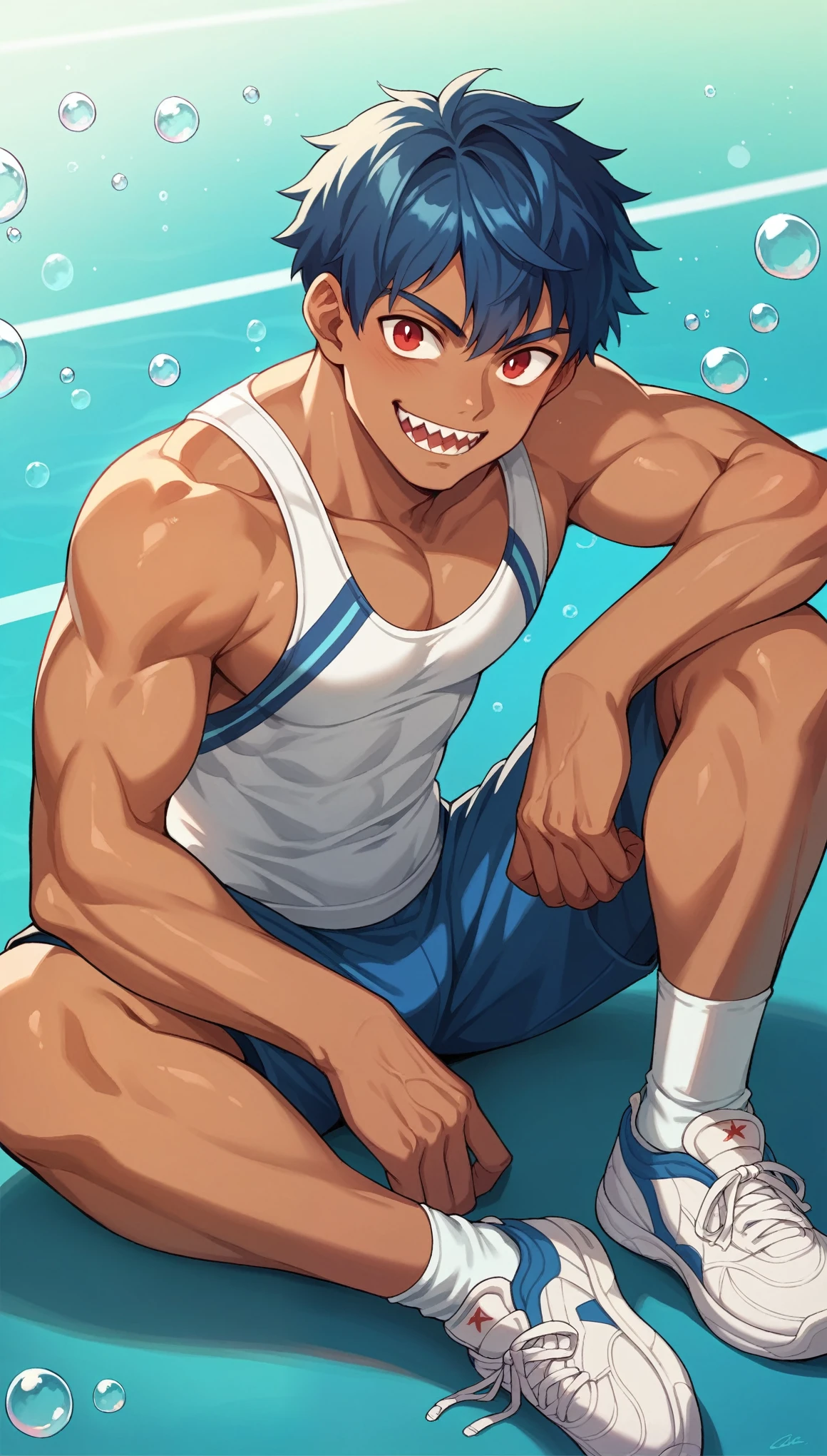 Handsome man,Slim body,sit,Solitary, Sportswear,White socks,sports shoes,short hair, Red Eyes, Smile, Tanned skin,sharp teeth, Blue black hair,Deep sea background,bubble,Water Flow