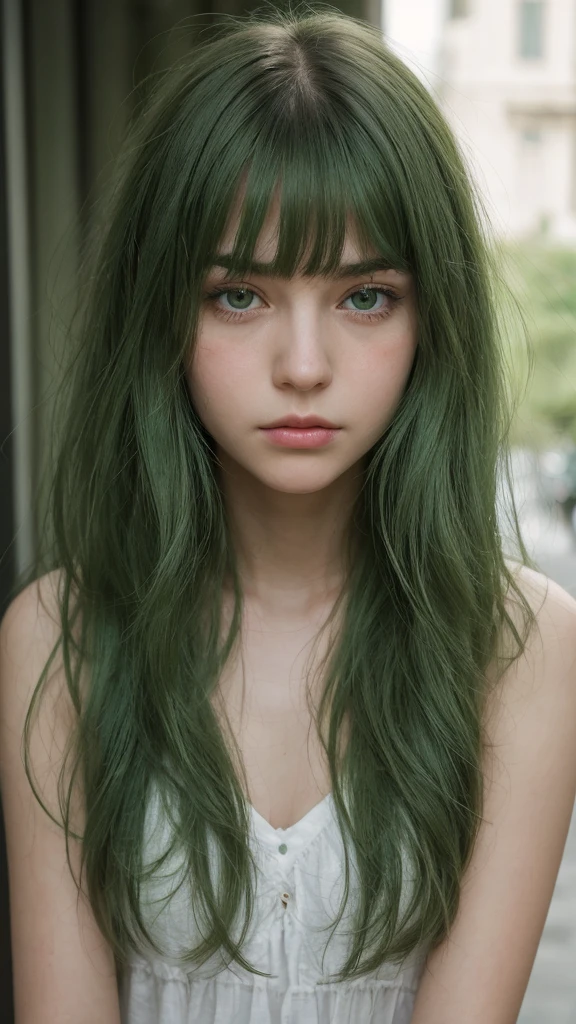 a girl.  Europe.  Extremely detailed face.  Oval face.  delicate facial features.  half-closed eyes.  long straight hair.  messy hair.  bangs.  green hair.  green eyes.  angry.  shy.  straight face