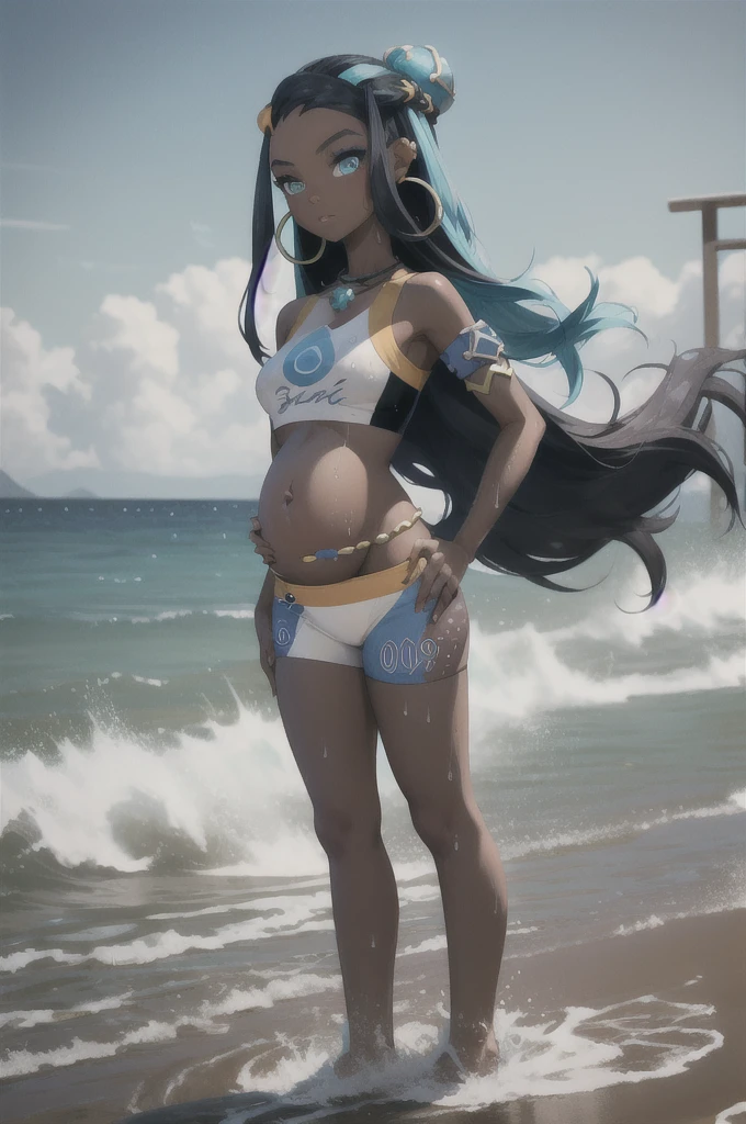 masterpiece, best quality, 1 pregnant girl, nessa, black hair, blue hair,  long hair,  multicolored hair, blue eyes, blue hair,dark skin, single hair bun,  armlet, belly chain, bikini, crop top, shorts, full body, single glove, hand on hip,  hoop earrings, necklace, looking at viewer, midriff,  navel, third trimester of pregnancy,  solo, standing, sky, water, wet, sea 