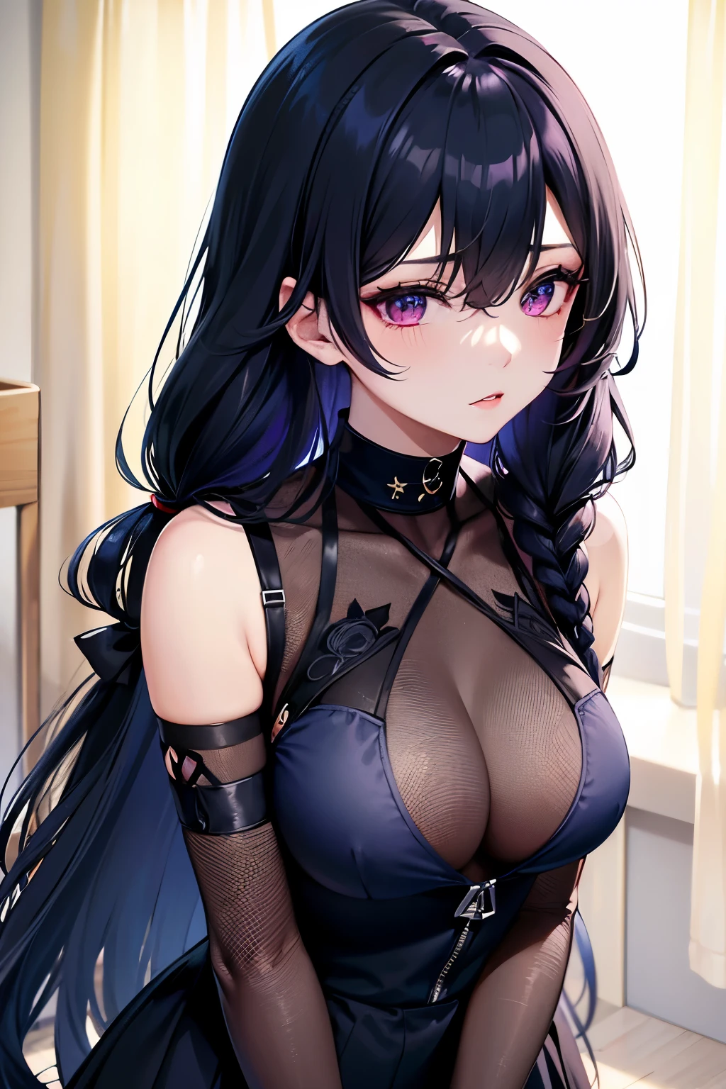 Ichinose Uruha,Private Server,Towards pov, Long Black Hair, Hairstyle(Braiding), Hairstyle(((black navy blue, Dark navy blue mesh))), pupil(Purple),(Upper body close-up),