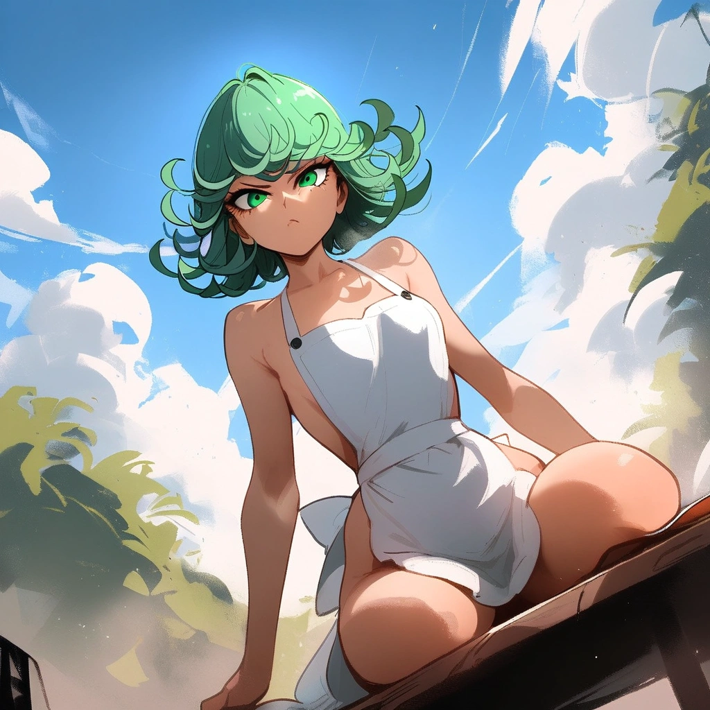 1girl, tatsumaki, one-punch man
\\\\\ masterpiece, best quality, newest ///// nyantcha, khyle, cutesexyrobutts \\\\\ thin waist, solo, sky, clouds, cropped legs, angry, day, looking at viewer, dutch angle, naked apron,, sit on table
