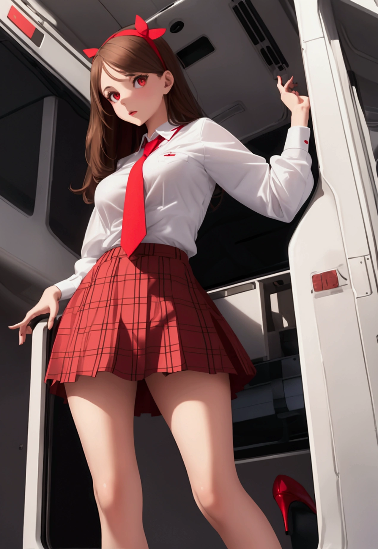 Beautiful woman, full body, standing on an airplane, brown hair, big eyes, red eyes, white headband, white shirt, plaid miniskirt, red tie, thin heels, red sole