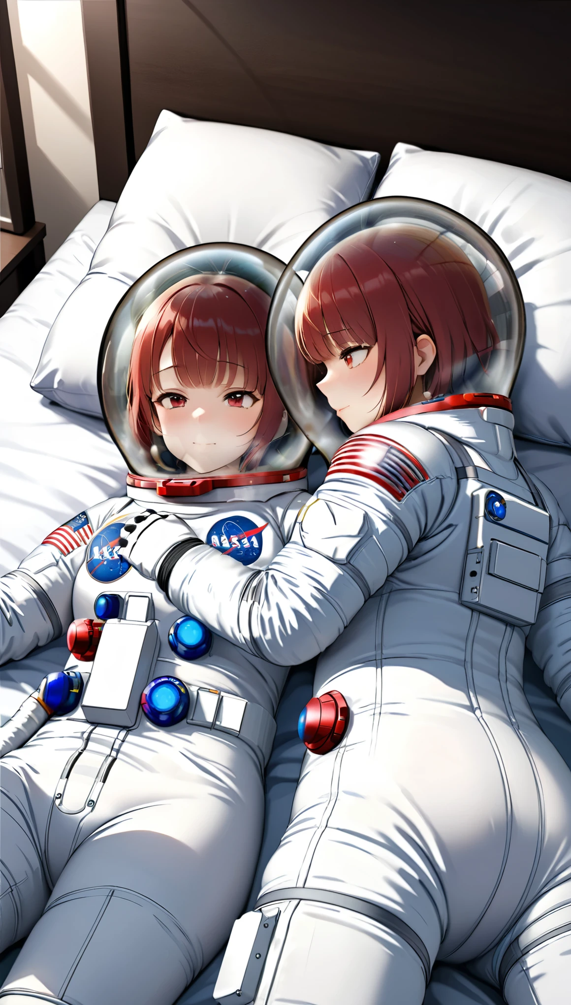 (spacesuit:1.15), white cargo pants, astronaut)bubble helmet, space helmet , , looking at the audience, lying , indoors, in bed, bed, masterpiece, best quality, (2girl:1.6), red eyes, tits, , , sleep, lie down, , short hair, , from above, sleep, close eyes, from side,hugging a pillow