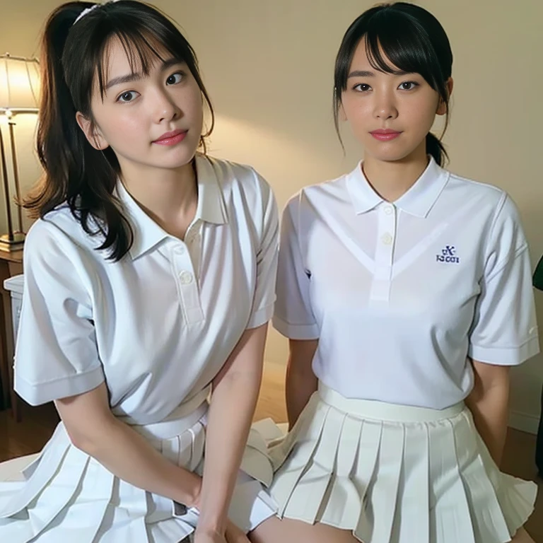 (Masterpiece, Best quality: 1.2), (Ultra realistic, Photo-realistic: 1.2), Full body, Kneeling, bdsm, Hands tied behind back, Hands restraints, Looking at viewer, Natural light, 28 years old actress, Japanese women, Neat and clean, ((Wearing white tennis uniform, White short-sleeve polo shirt with collar, Not buttoning the polo shirt, White pleated tennis skirt: 1.3)), Wearing white sock, (Ponytail: 1.2), Short wavy hair, Black hair color, (Beautiful face: 1.1), Oval face, clear, Beautiful eyes, Kind eyes, (Clear skin), Small face, (Beautiful mouth, Small mouth), Natural makeup, Approachable, Seductive smile, Seductive pose, Beautiful thighs, Bedroom eyes, Embarrassed, Blush, Luxury hotel Suite room,On bed,