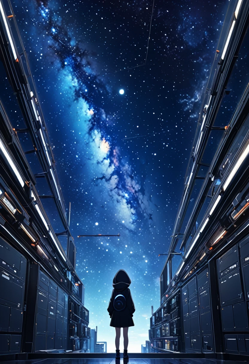 Midnight Dark Blue Galaxy Theme, A vast, quiet, dark galaxy with a dark and fantastical atmosphere、nebula, A small image of a hooded girl looking up at the view is on the wall.。anime style 、high-quality details, perfect composition,medium view, Blu-ray picture quality, 8k, HD