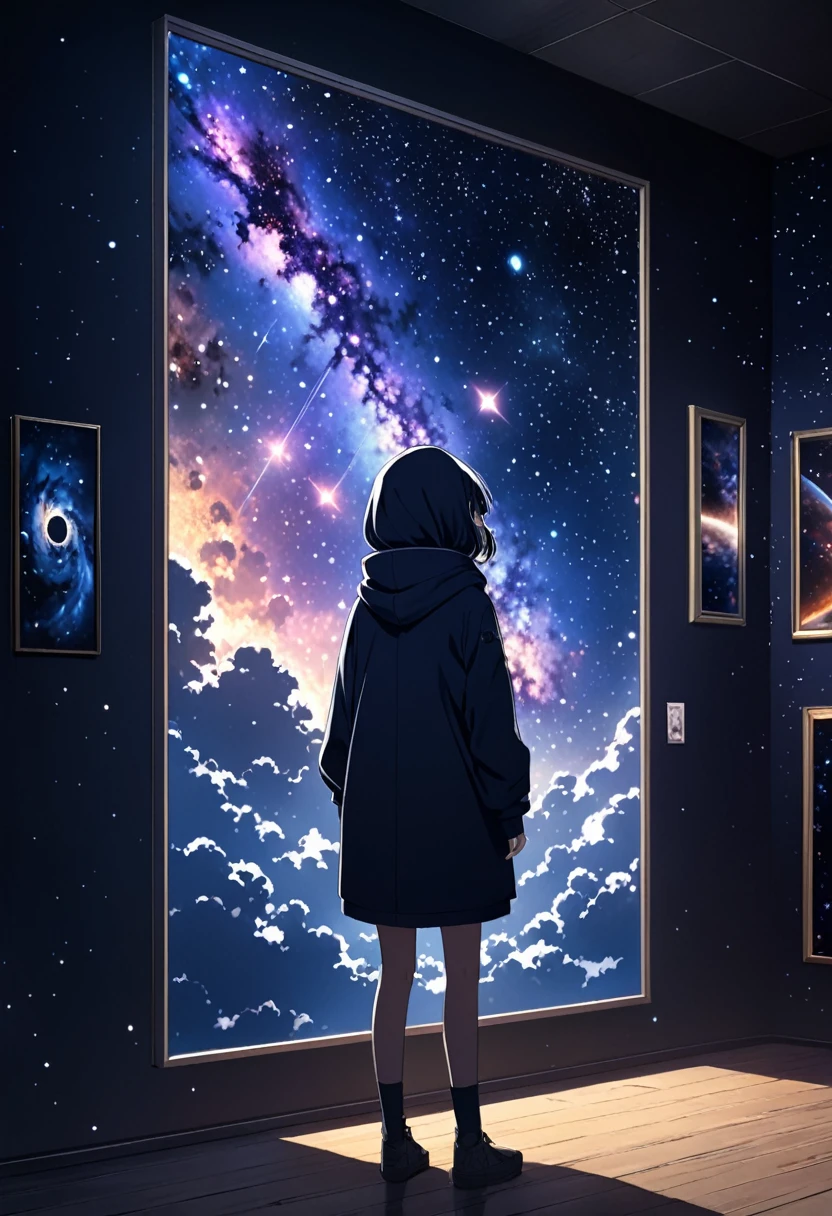 Midnight Dark Blue Galaxy Theme, A vast, quiet, dark galaxy with a dark and fantastical atmosphere、nebula, A small image of a hooded girl looking up at the view is on the wall.。anime style 、high-quality details, perfect composition,medium view, Blu-ray picture quality, 8k, HD