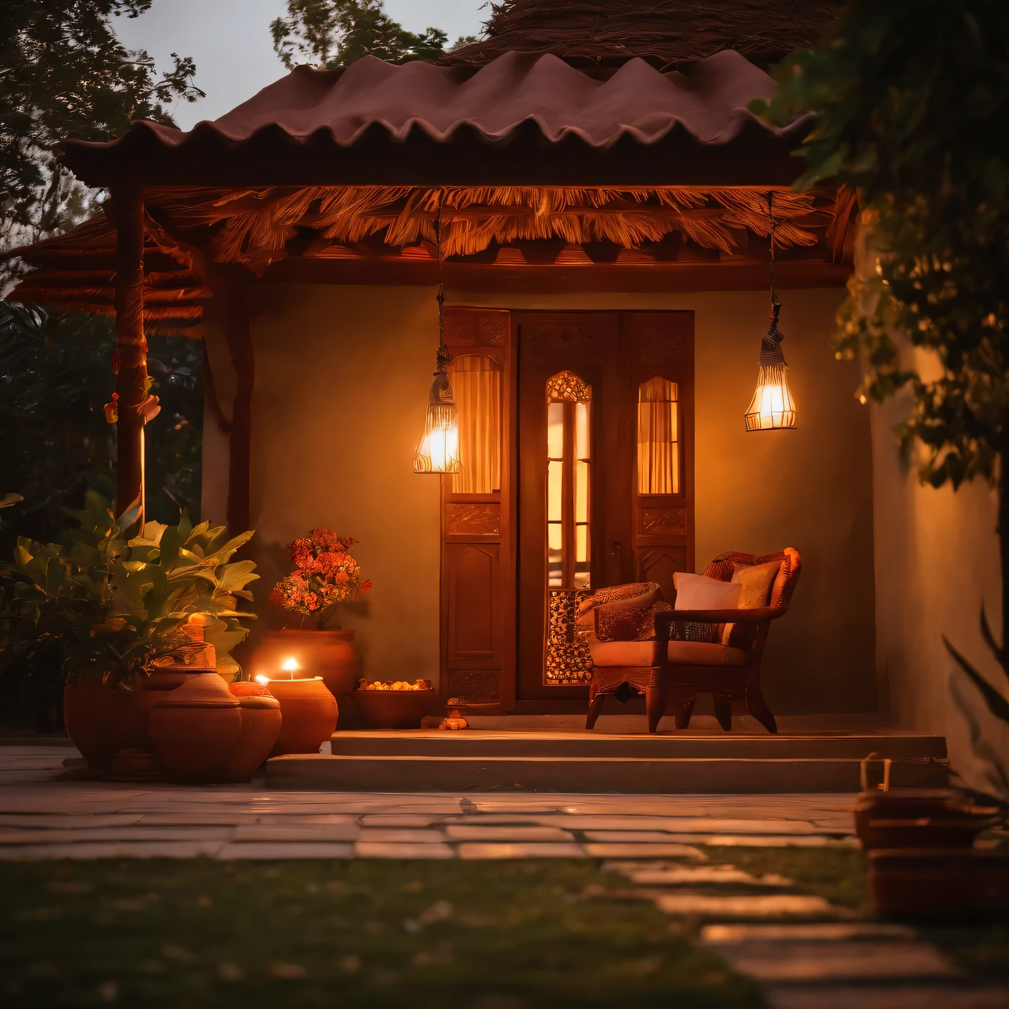 An image of a simple, cozy village home illuminated by the warm glow of a single diya (lamp) on Diwali night. 