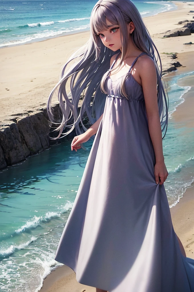 Silver Hair　Wavy Long Hair　Brown Skin　Dark Eyes　woman　freckles　A dull appearance　Purple dress　blue sea　White sand beach