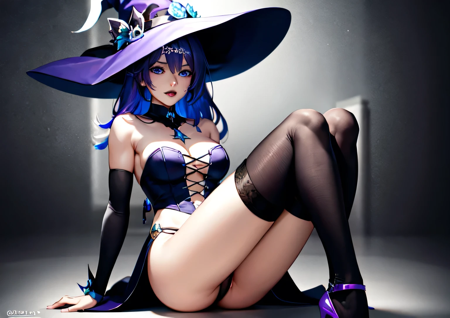 Beautifully drawn, good quality, Ultra-detailed CG illustration with athletic body of Jade from the video game Honkai Star Rail with purple hair. She wears a revealing witch costume with a witch hat, Overknee socks and black high heels and shows her feet and vagina into the lens. She touches herself erotically