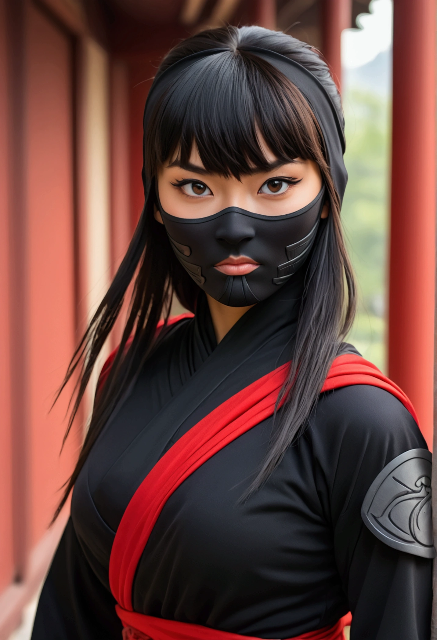 Superhero, ninja, ninja costume, ninja mask on the face, beautiful American chine woman, chines woman "with bangs", courageous character, kind, brave, determination