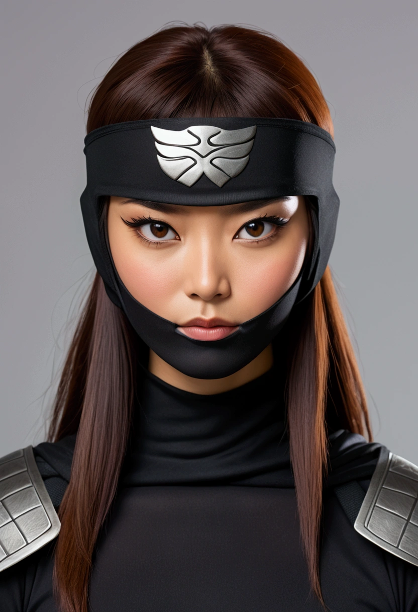 Superhero, ninja, ninja costume, ninja mask on the face, beautiful American chine woman, chines woman "with bangs", courageous character, kind, brave, determination