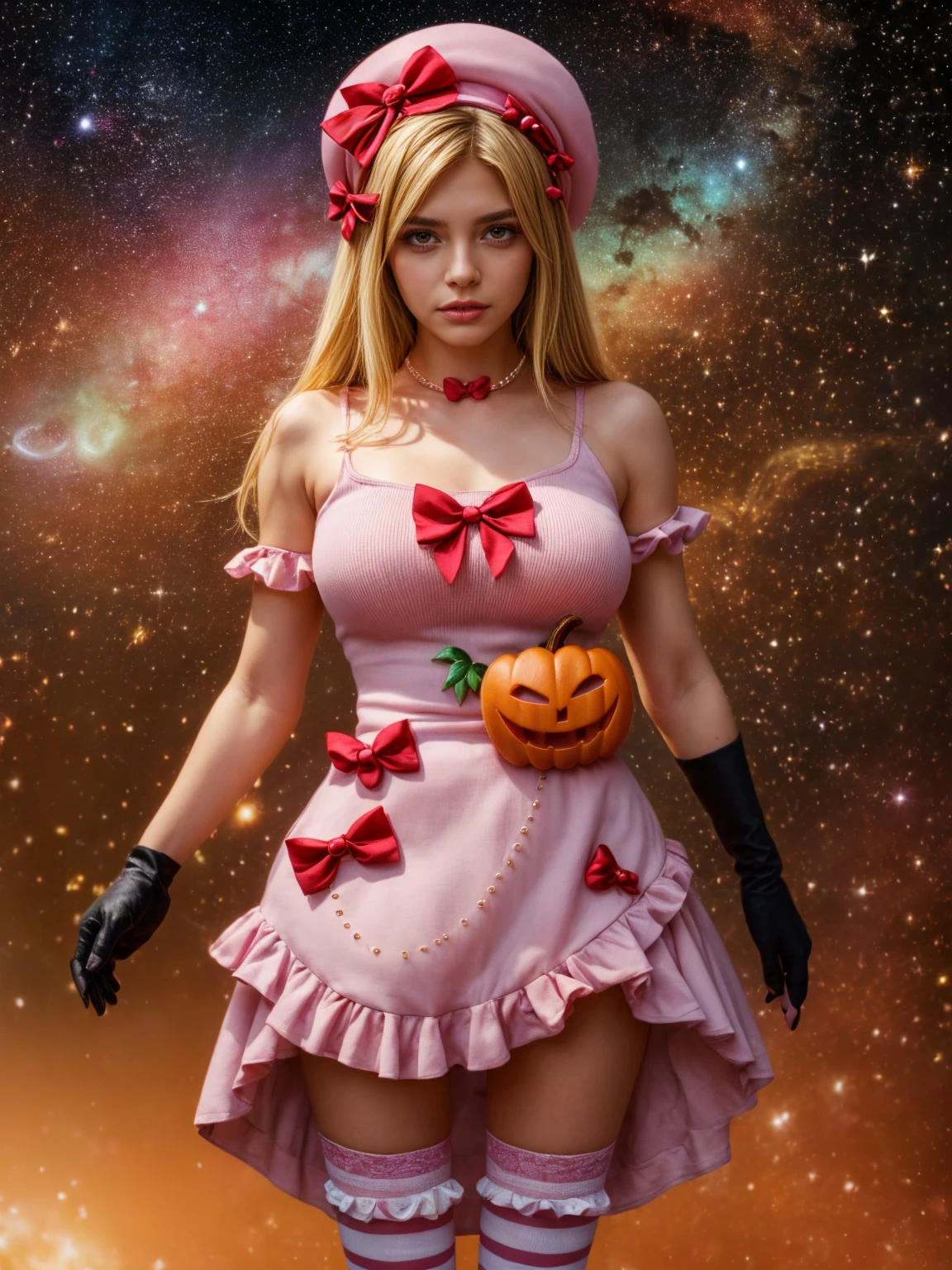 (1 lady), The beautiful, (Best quality at best:1.4), (ultra - detailed), (extremely detailed CG unified 16k), gold blonde hair, very detailed, High-definition RAW color photo, professional photoshooting, amazing face and eyes, cosmetics, (amazingly beautiful girl), ((lambdadelta, taller, tall woman)), ((dress, shoes bow, red shoes, striped stockings, red bow, pink hat, necklace, gloves, pearl, pumpkin brooch, pink dress)), levitating in a cute posture (floating in the air), (She's levitating in a cosmic sea, outer space:1.3, quantum hyperspace room lacking walls, hyperspace chamber, extremely detailed background, a lot of details background, realistic outer space background with stars quasars and cosmic bodies, brighter background), (look from above), realistic cinematic face, head to feet long wide zoomed out view, full body long view, photorealistic, ((realistic natural blonde hair style, red eyes)), gorgeous, extremely beautiful face, perfect model beauty, pout mouth, Highly Detailed Face and Skin Texture, Detailed Eyes, Double Eyelids, Big Breasts, Persistent Stare, Faith Trance, (mystical stare, looking eternity), (masterpiece), best quality, high resolution, depth of field, cinematic lighting, amazing legs, pink combat boots, clear and well-cared skin