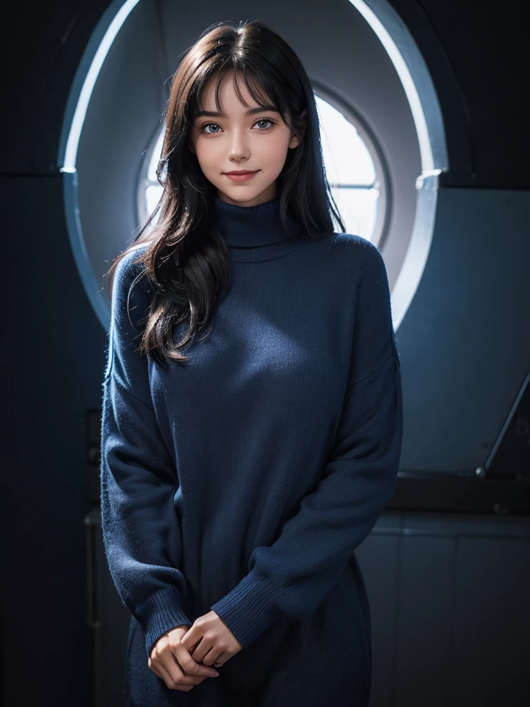 she is wearing a blue  jumper, and is a girl with dark navy hair that looks like the night sky and blue eyes that look like sapphire. she is looking straight ahead. she is smiling.