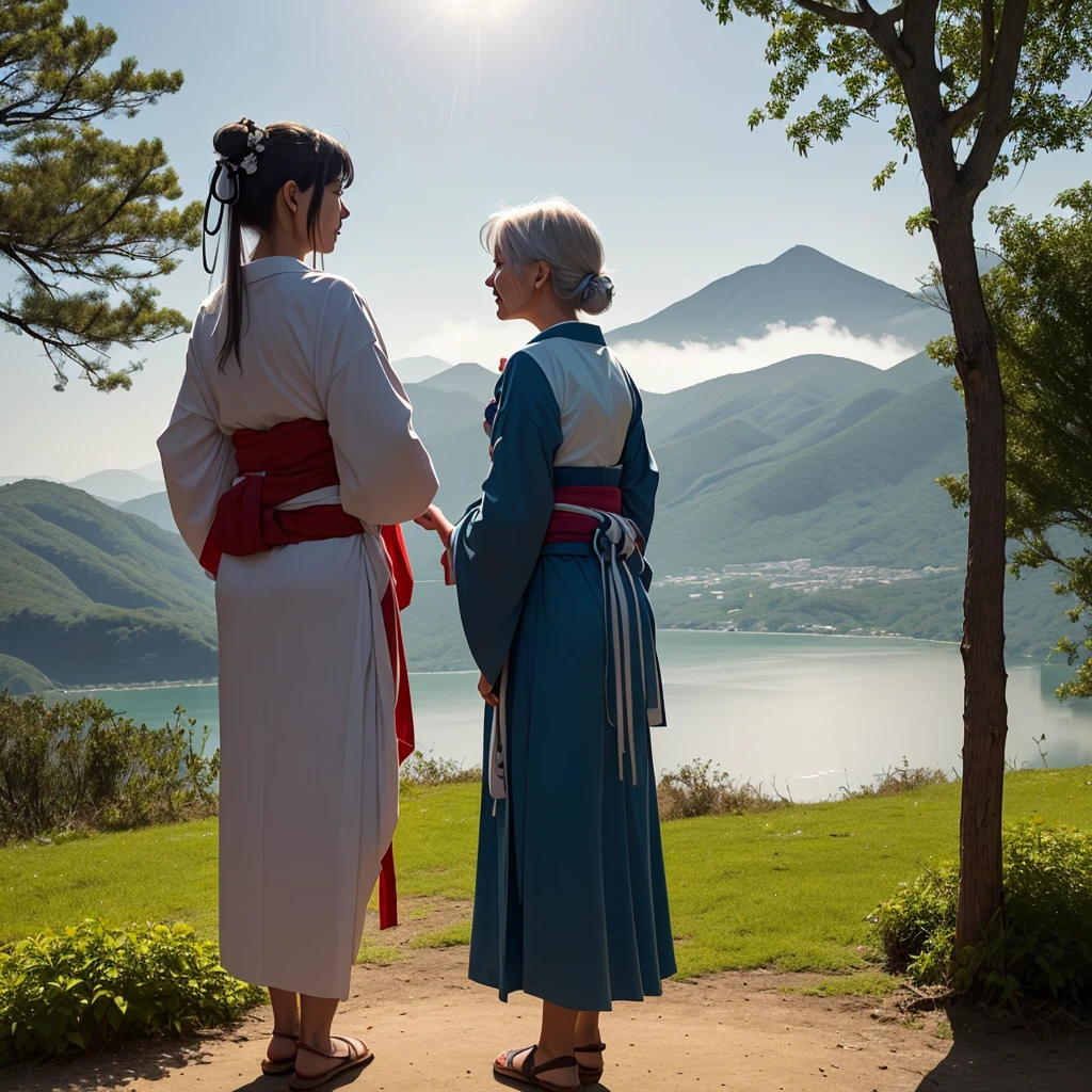 ((Highest quality)), ((masterpiece))、(The morning sun shines in、Delicate and beautiful)、(A shrine in the mountains shrouded in early morning mist、Two people on the Kagura dance stage)
(background(View from the mountain、You can see the lake at the foot of the mountain and the town and forest that spread out along its shores.、I can see the ocean in the distance))、
((prospect(Two figures on the Kagura stage、The morning sun shines through, revealing the mysterious beauty of the place.、Granny and  girl))、
(On the stage, there was an elderly woman dressed as a shrine maiden, with a dignified presence, her long grey hair mixed with white hair hanging down her back and tied around her waist.)、
(One is a young girl with long silver hair that hangs down her back and is tied around her waist. She has blue-green eyes and is dressed as a lively shrine maiden.)、
(It seems that she is being taught dance by an old woman. Occasionally, you can hear her scolding voice.)