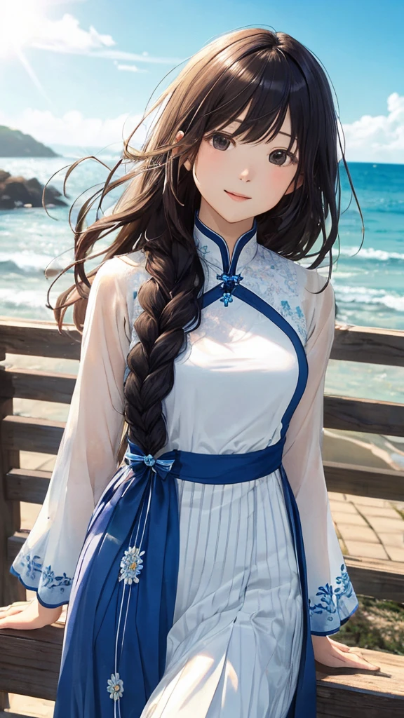 Shiraishi Mei, Looks exactly like Shiraishi Mei,Oceanの方を向いている後ろ姿、Woman looking up at the sky ,Long Hair,  Dark brown hair, , 18-year-old, photograph, Realistic, Highest quality, Detailed face, Strong sunlight, Ocean, Embankment, Detailed Background, Diffused sunlight, Written boundary depth, Bokeh (Highest quality: 1.2), (masterpiece: 1.2), Watch Viewer, Ao Dai,,Vision、(((Panorama:1.2)))Braid、。