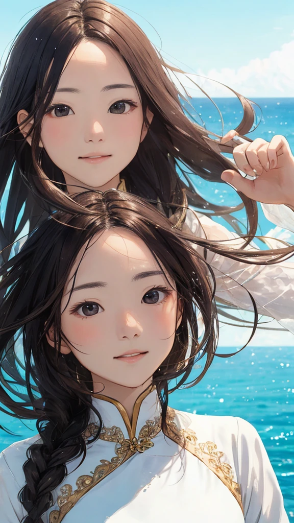 Shiraishi Mei, Looks exactly like Shiraishi Mei,Oceanの方を向いている後ろ姿、Woman looking up at the sky ,Long Hair, Dark brown hair, , 18-year-old, photograph, Realistic, Highest quality, Detailed face, Strong sunlight, Ocean, Embankment, Detailed Background, Diffused sunlight, Written boundary depth, Bokeh (Highest quality: 1.2), (masterpiece: 1.2), Watch Viewer, Ao Dai,,Vision、(((Panorama:1.2)))Braid、。
