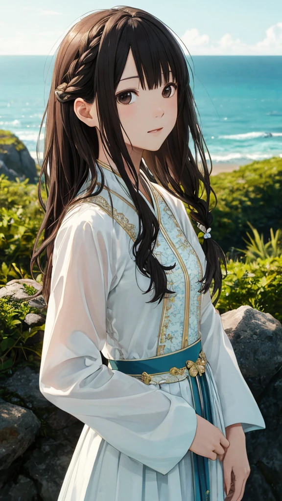 Shiraishi Mei, Looks exactly like Shiraishi Mei,Oceanの方を向いている後ろ姿、Woman looking up at the sky ,Long Hair, Dark brown hair, , 18-year-old, photograph, Realistic, Highest quality, Detailed face, Strong sunlight, Ocean, Embankment, Detailed Background, Diffused sunlight, Written boundary depth, Bokeh (Highest quality: 1.2), (masterpiece: 1.2), Watch Viewer, Ao Dai,,Vision、(((Panorama:1.2)))Braid、。