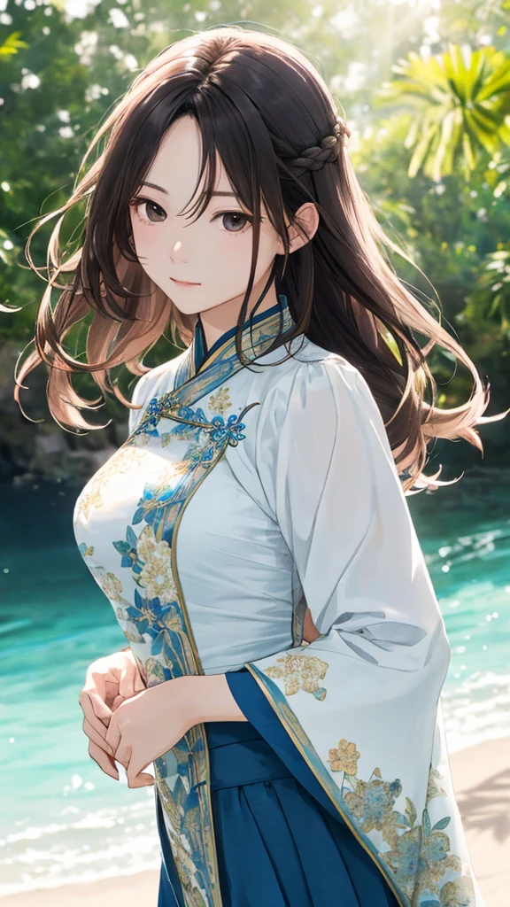 Shiraishi Mei, Looks exactly like Shiraishi Mei,Oceanの方を向いている後ろ姿、Woman looking up at the sky ,Long Hair,  Dark brown hair, , 18-year-old, photograph, Realistic, Highest quality, Detailed face, Strong sunlight, Ocean, Embankment, Detailed Background, Diffused sunlight, Written boundary depth, Bokeh (Highest quality: 1.2), (masterpiece: 1.2), Watch Viewer, Ao Dai,,Vision、(((Panorama:1.2)))Braid、。