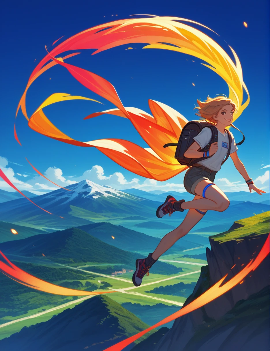 A tarot card depicting The Fool, dressed in colorful clothes, carrying a small backpack, standing at the edge of a cliff, with a small dog playfully jumping beside him, The Fool has a naive smile on his face, the background features a bright sky and mountains, in an American cartoon style, with clear lines, vibrant colors, full of energy and dynamism, evoking a sense of adventure and exploration